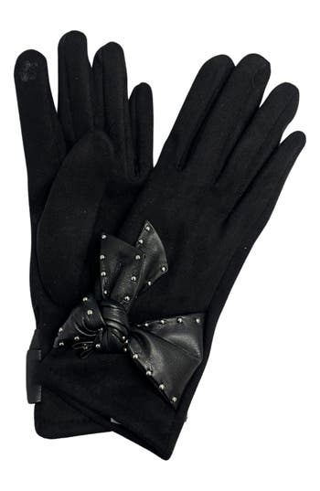 Marcus Adler Studded Bow Faux Suede Gloves In Black