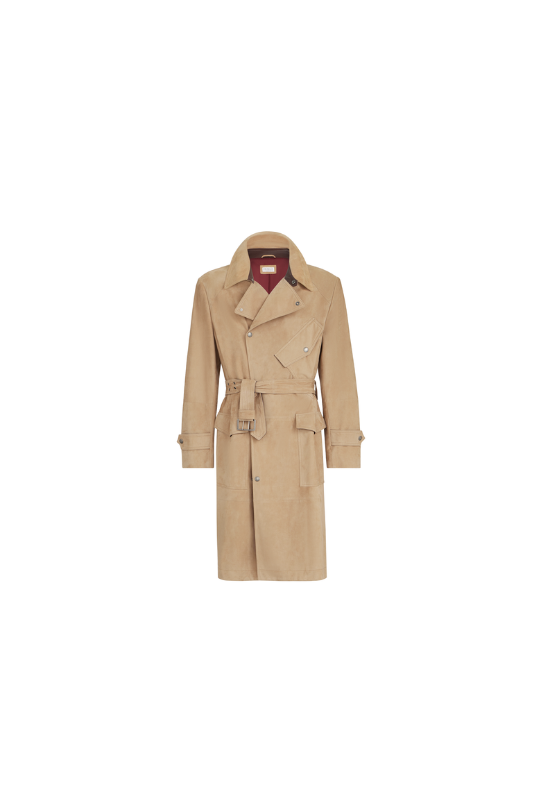 Suede motorcyle trench with nappa leather inserts, Alternate, color, Sand