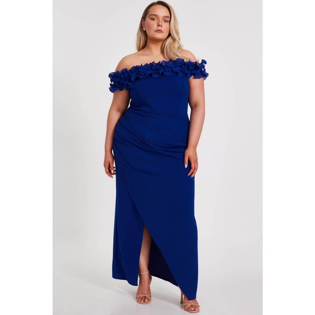 Quiz Plus Size Bardot Ruffle Maxi Dress In Royal Blue