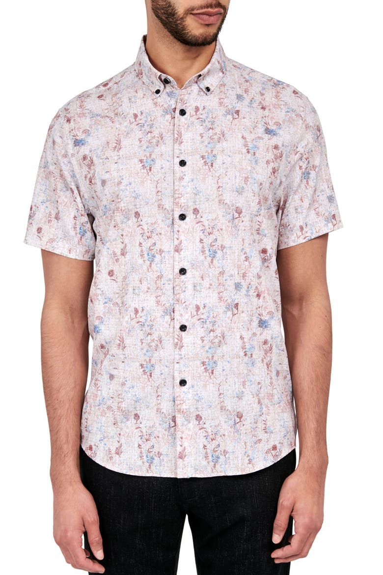 Barlow Vintage Floral Performance Short Sleeve Button Down Shirt, Main, color, TAN