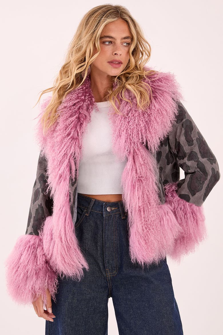 Printed Shearling Leather Jacket, Main, color, Charcoal