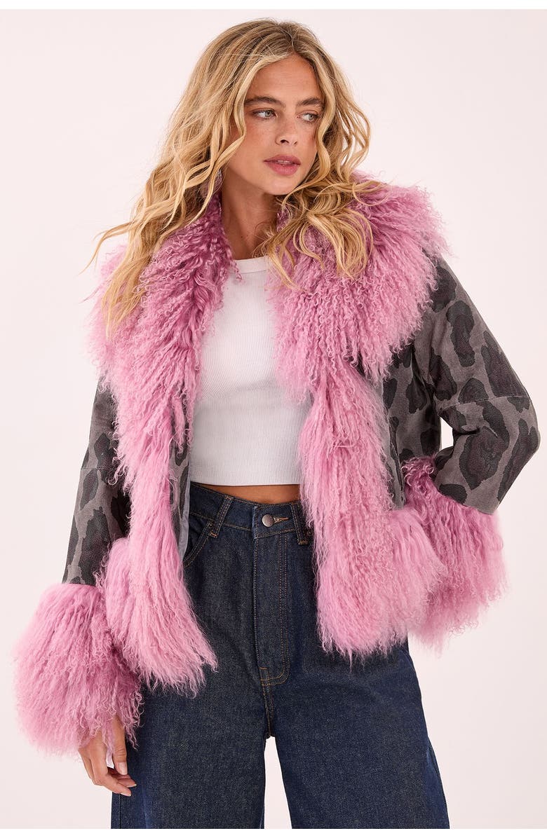 NASTY GAL Printed Shearling Leather Jacket, Alternate, color, Charcoal