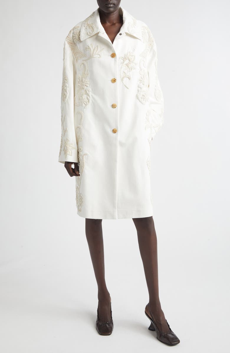 Dries Van Noten Embroidered Cotton A-Line Coat, Main, color, Off White