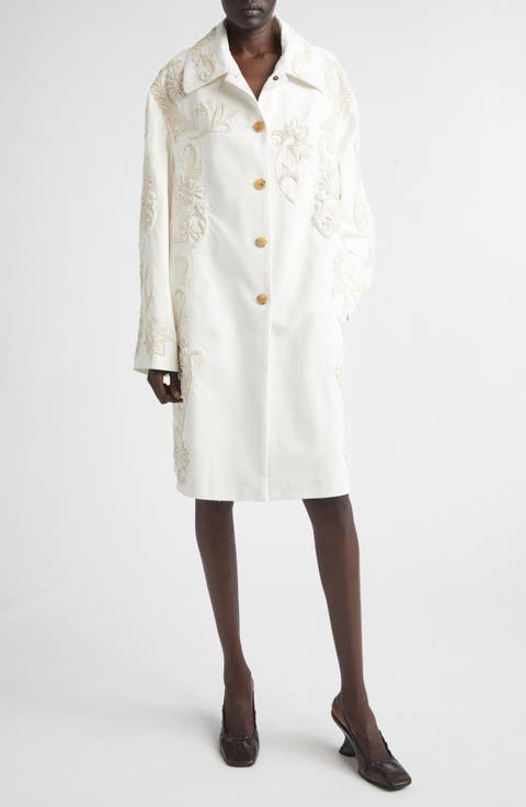 Embroidered Cotton A-Line Coat