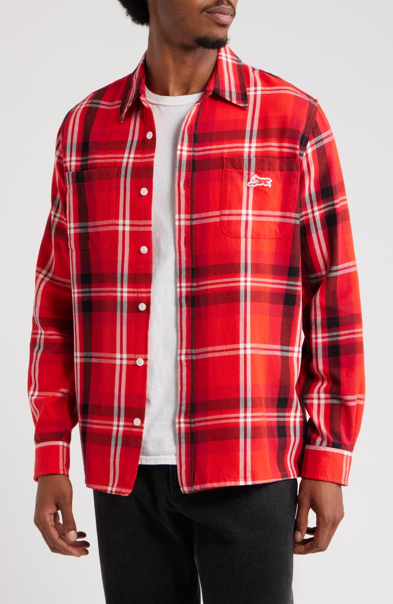 ICECREAM Jack Plaid Cotton Graphic Button-Up Shirt, Main, color, Fiery Red