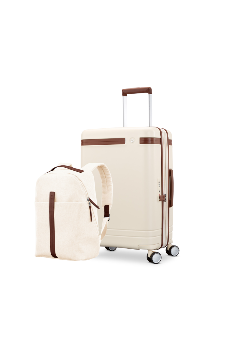 Virtuosa 2 Piece Set Backpack & 21" Carry On Spinner Luggage, Main, color, Ivory
