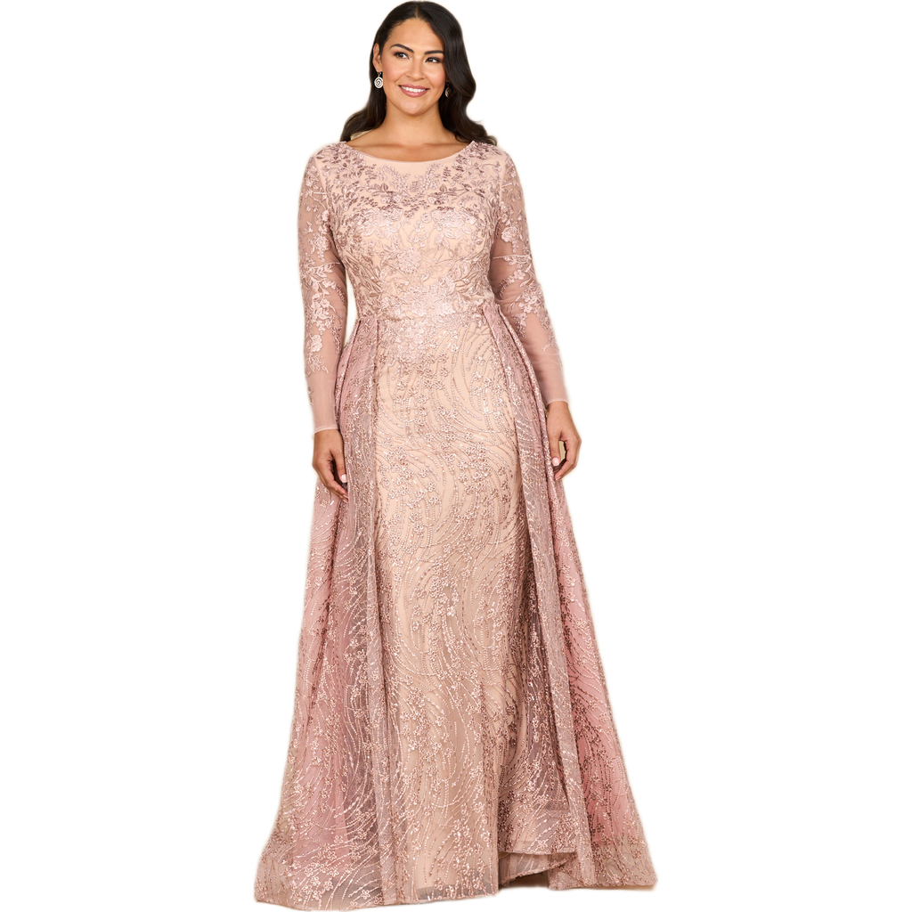 Lara New York Long Sleeve Gown With Overskirt & Illusion Neckline In Pink