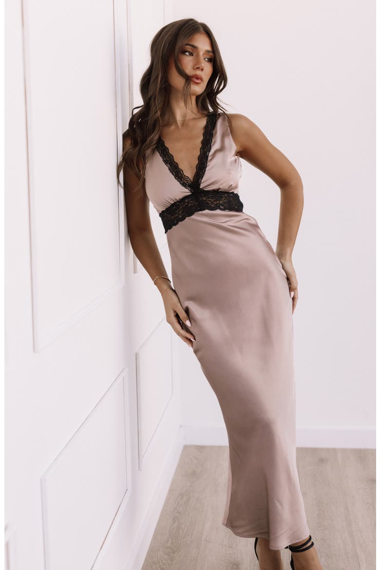 Brennan Lace Trim Satin Maxi Dress, Alternate, color, MOCHA
