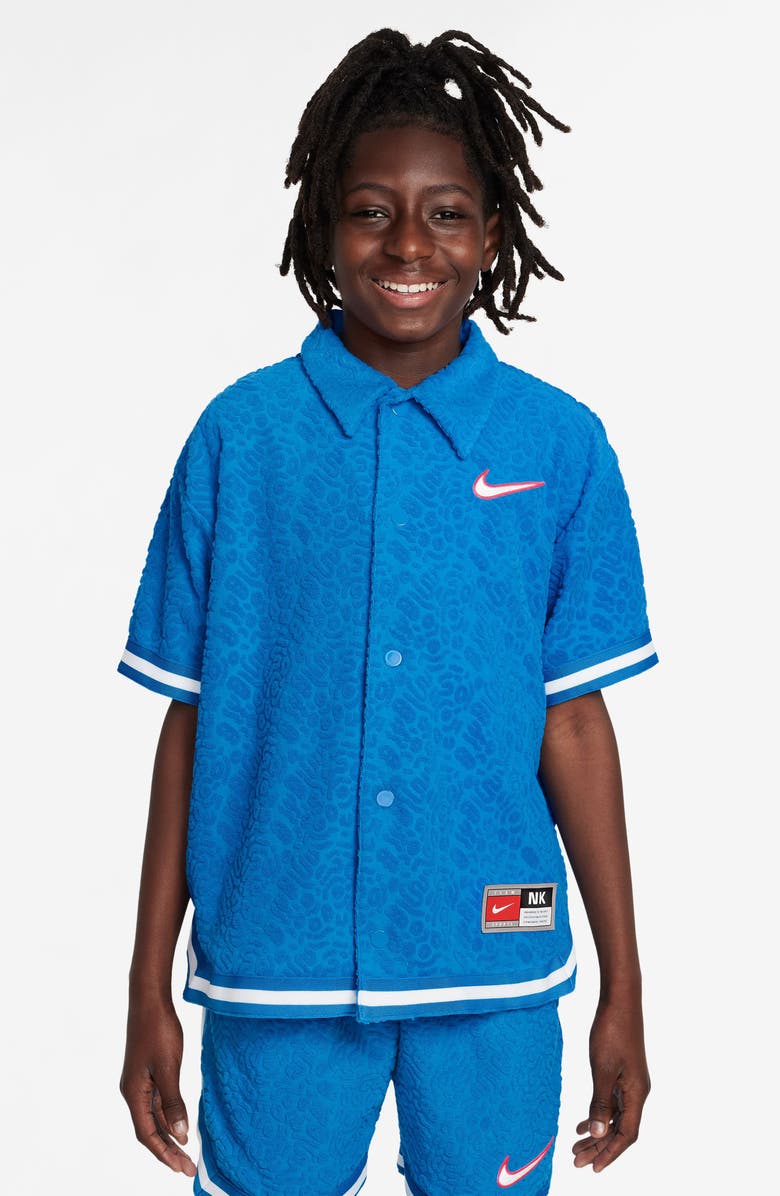 Nike Kids' Culture of Basketball Oversize Textured Short Sleeve Snap-Up Shirt, Main, color, Photo Blue/ White