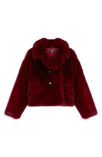 Noize Push Faux Fur Coat In Burgundy