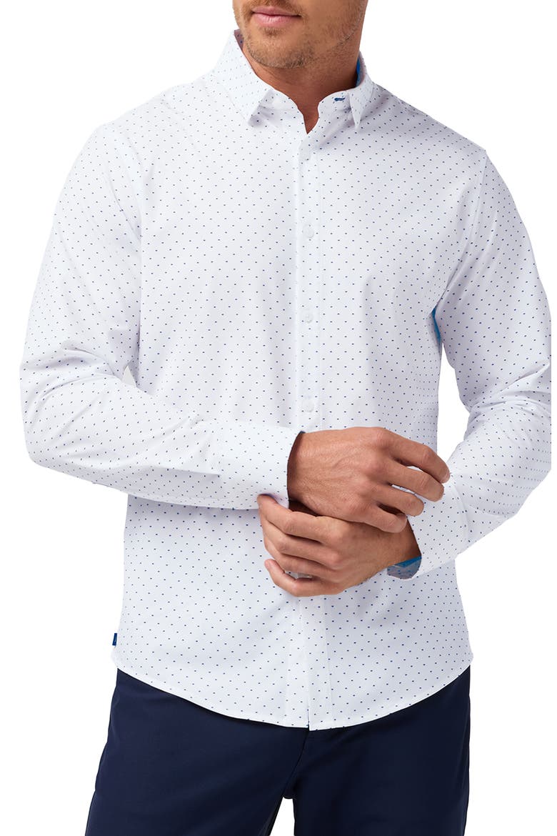 Leeward Trim Fit Neat Dot No Tuck Button-Up Shirt, Alternate, color, NAVY STACKED GEO