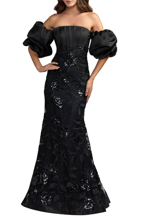 Satin Off The Shoulder Embroidered Mermaid Gown