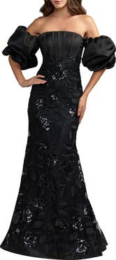 Mac Duggal Satin Off The Shoulder Embroidered Mermaid Gown