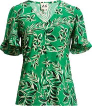 AK ANNE KLEIN Tropical Floral V-Neck Button-Up Knit Top