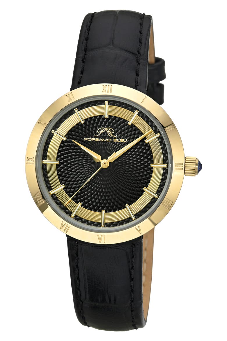 Monroe Leather Strap Watch, Main, color, BLACK GOLD TONE