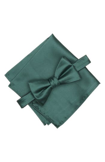 Original Penguin Textured Satin Bow Tie & Pocket Square Set In Green