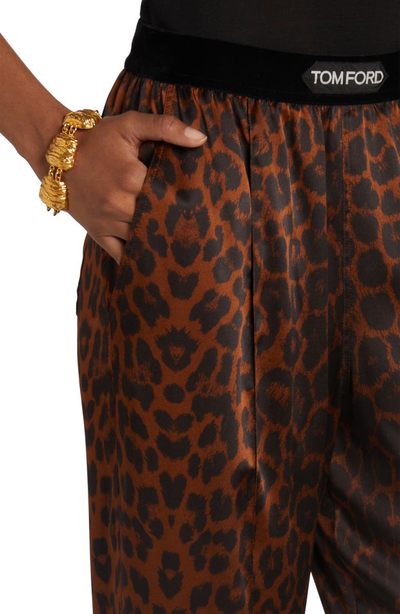 TOM FORD Reflected Leopard Print Stretch Silk Pajama Pants, Alternate, color, Dark Brown