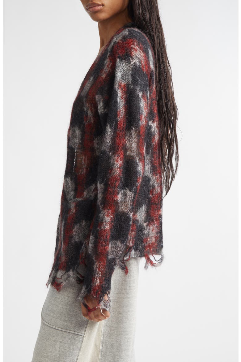 Distressed Kid Mohair & Merino Wool Blend Boyfriend Cardigan, Alternate, color, RED/ BLACK/ WHITE