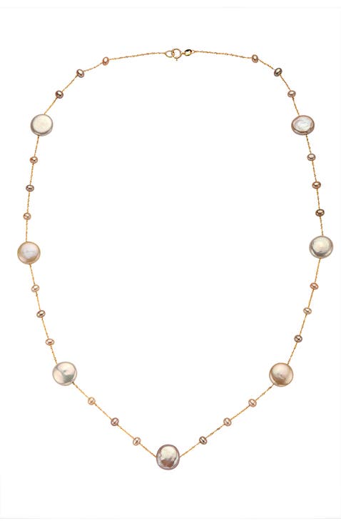 14K Yellow Gold Multi Color Freshwater Pearl Long Station Necklace