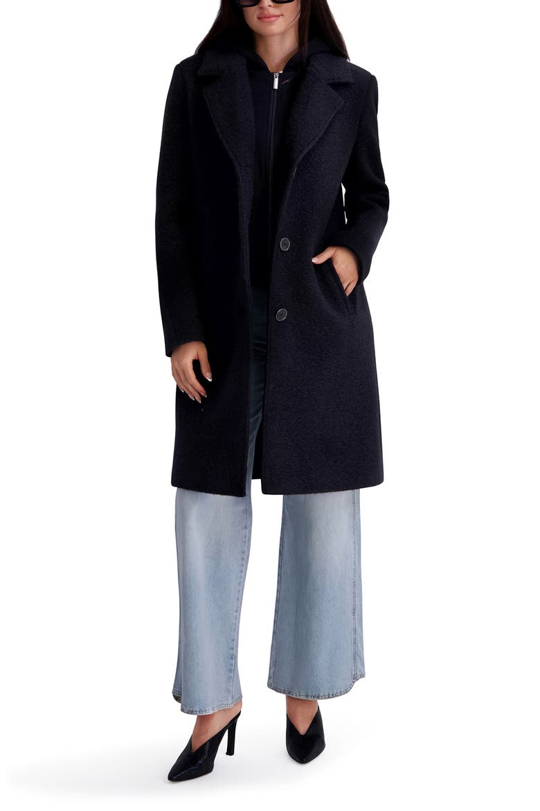 Textured Coat with Hoodie Bib, Alternate, color, BLACK