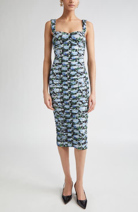 Peony Print Ruched Stretch Jersey Midi Dress