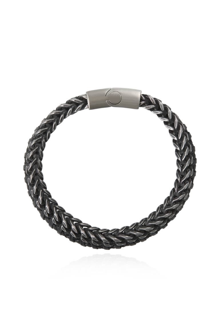 Mens Bracelet Braided Black Leather and Stainless Steel, 8.25", Alternate, color, Brown