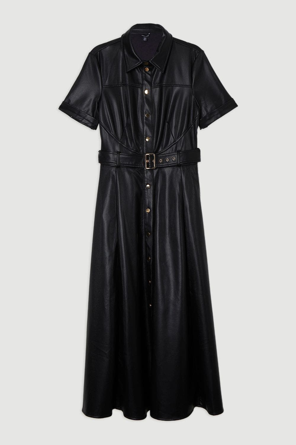 faux leather midi shirt dress Women's Something to Behold Black Faux Leather Short Sleeve Belted Midi Dress | Size: S