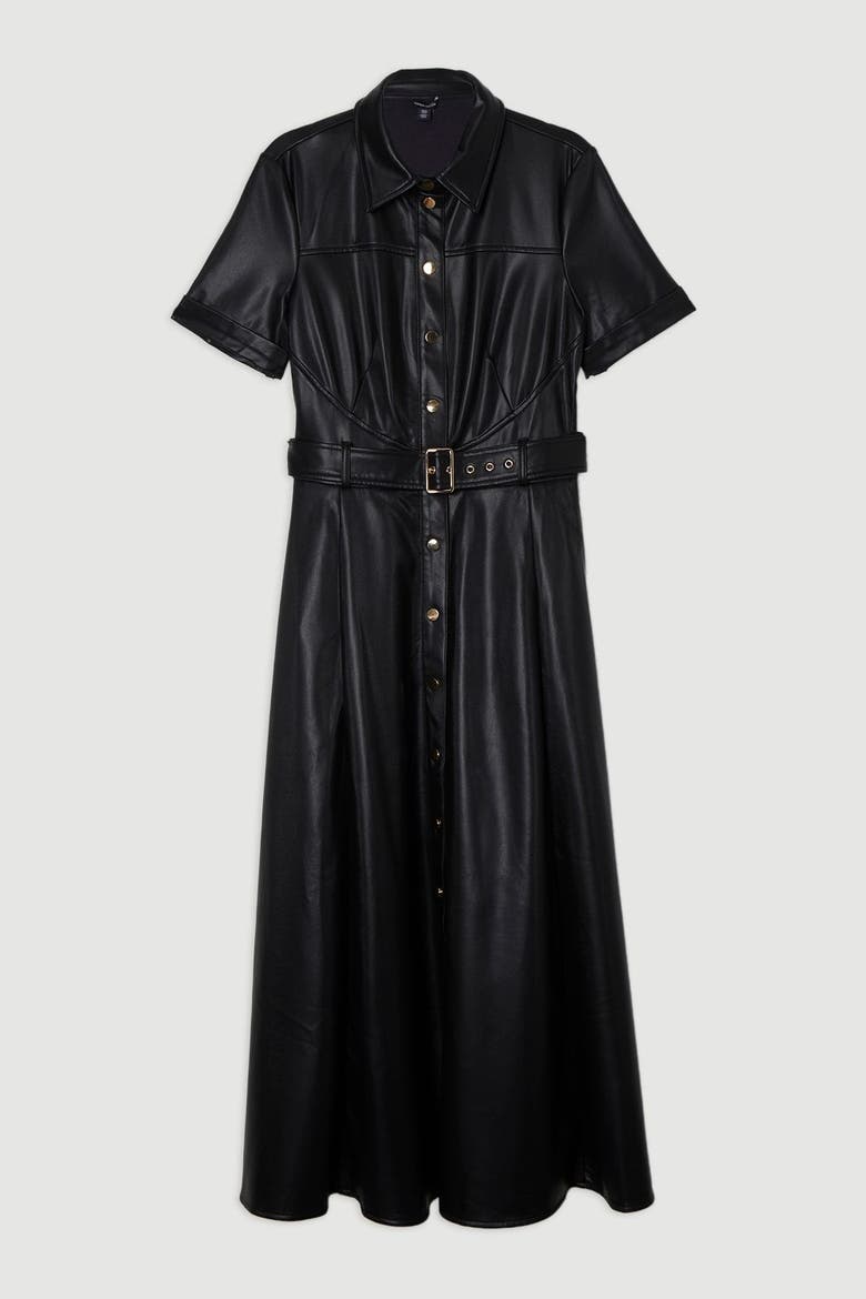 Faux Leather Belted Midi Shirt Dress, Alternate, color, Black