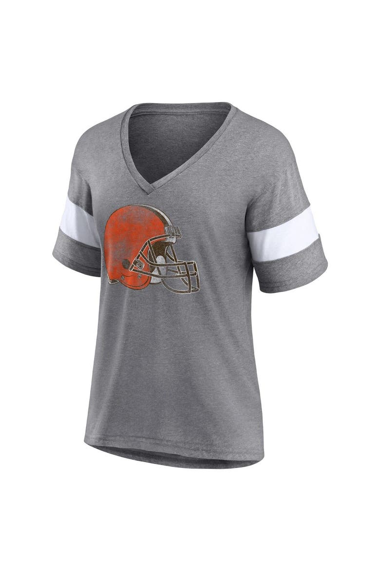 Women's Fanatics Branded Heathered Gray/White Cleveland Browns Distressed Team Tri-Blend V-Neck T-Shirt, Alternate, color, Heather Gray