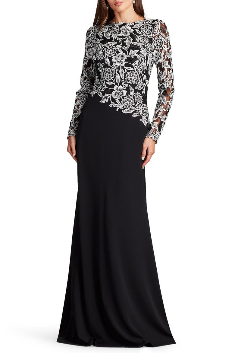Sequin Lace Long Sleeve Crepe Gown, Main, color, IVORY/ BLACK