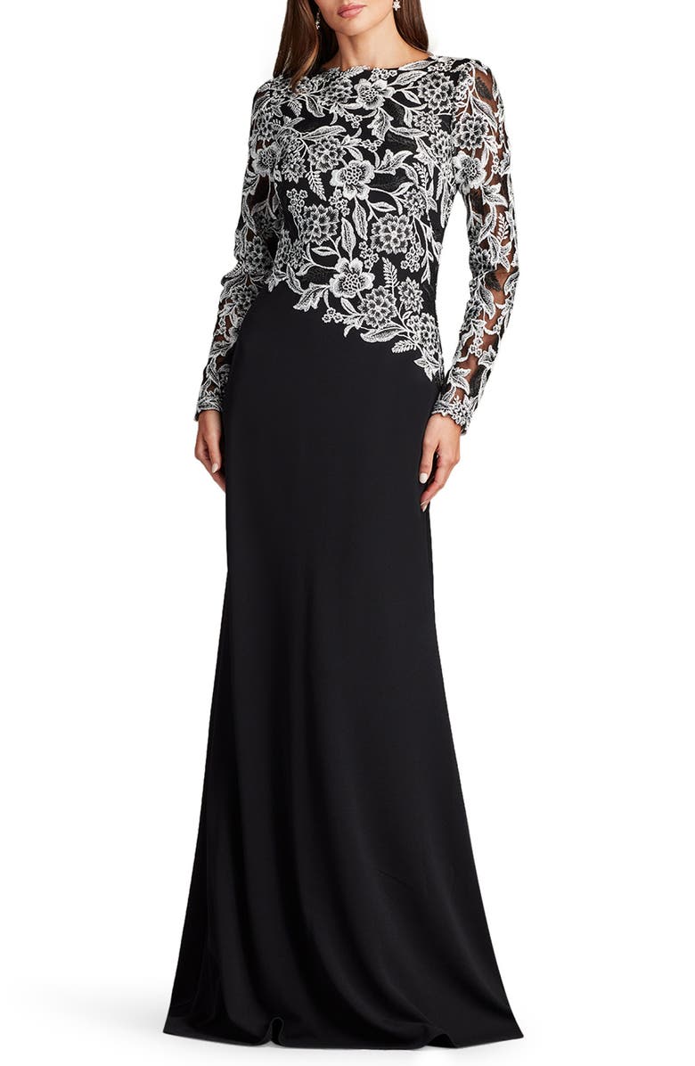 Tadashi Shoji Sequin Lace Long Sleeve Crepe Gown, Main, color, Ivory/ Black