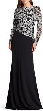 Tadashi Shoji Sequin Lace Long Sleeve Crepe Gown