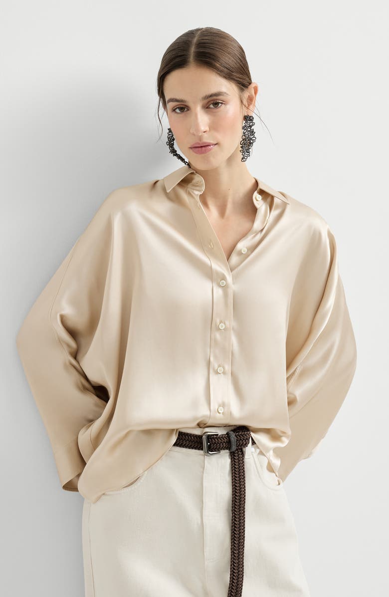 Brunello Cucinelli Stretch silk satin shirt, Alternate, color, Sand