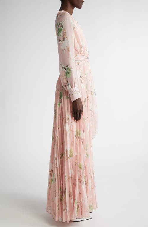 Shop Erdem Floral Pleated Long Sleeve Voile Gown In Marguerite Floral Pink