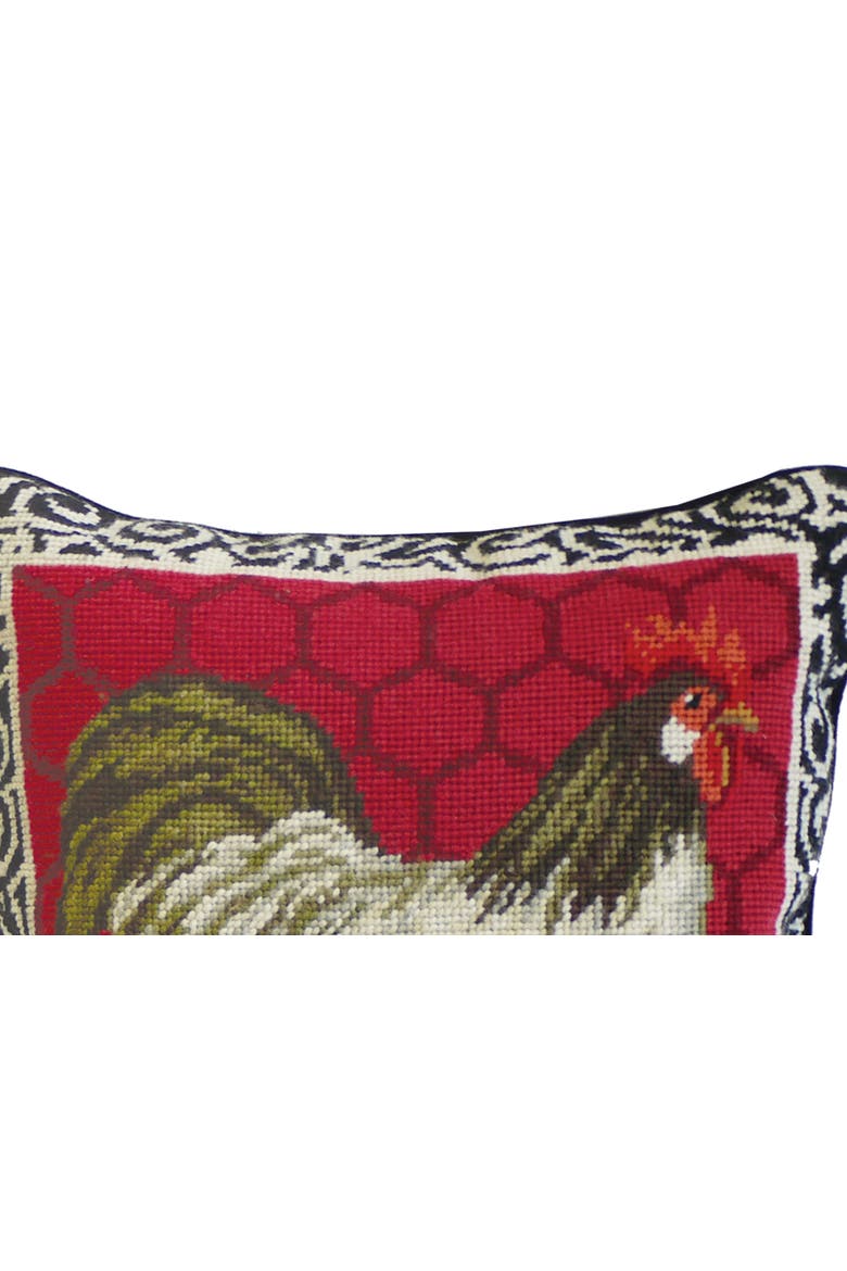 Red Black & White Rooster Needlepoint Accent Pillow, 14" x 14", Alternate, color, Red