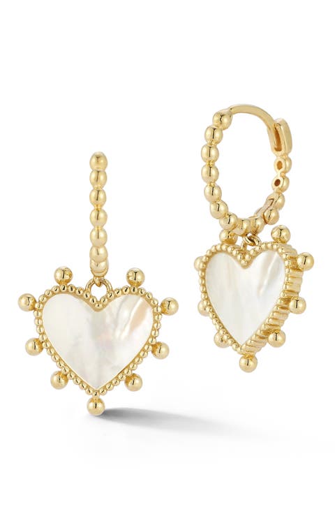 14K Mother-of-Pearl Heart Hoop Earrings