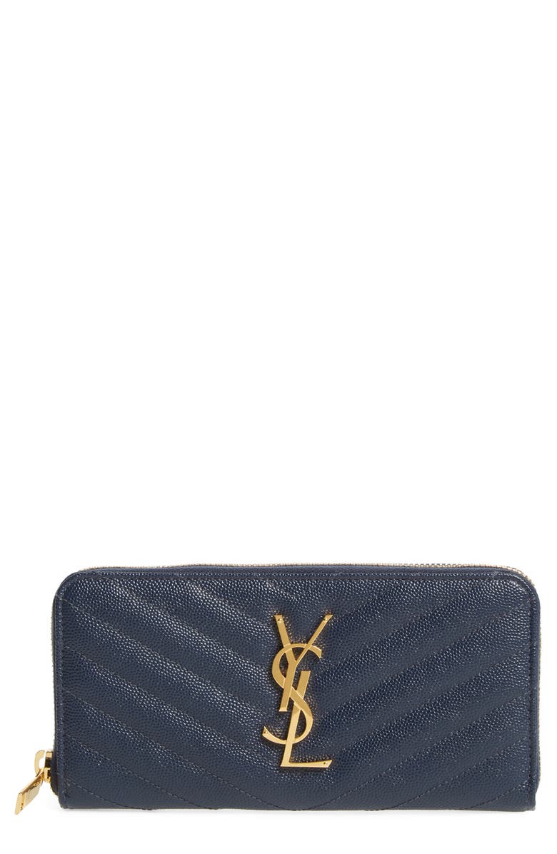 Saint Laurent Monogram Quilted Leather Wallet, Main, color, Navy