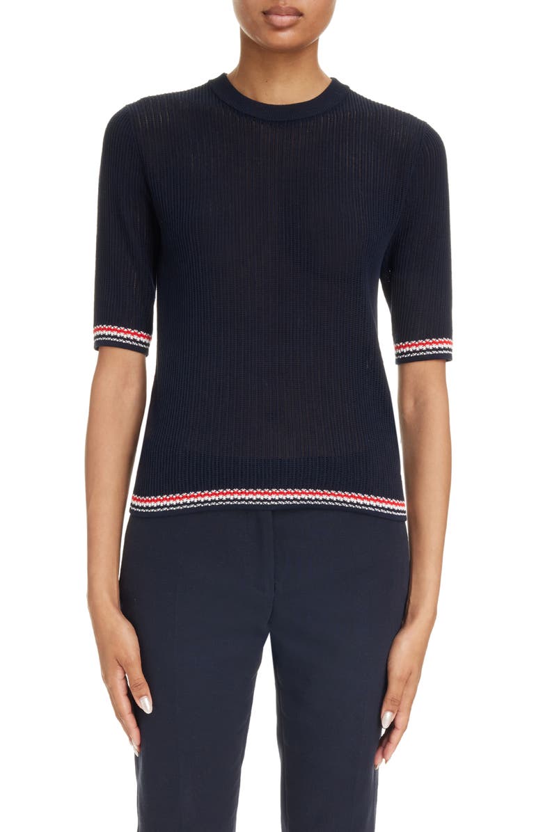 Thom Browne Stripe Rib Cotton & Silk Sweater, Main, color, 