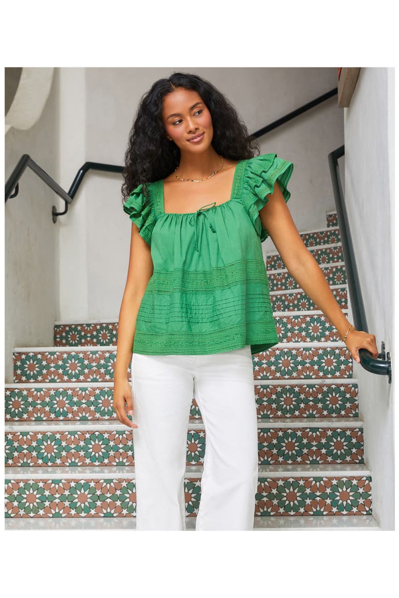 Ruffle Sleeve Embroidered Top, Alternate, color, GREEN