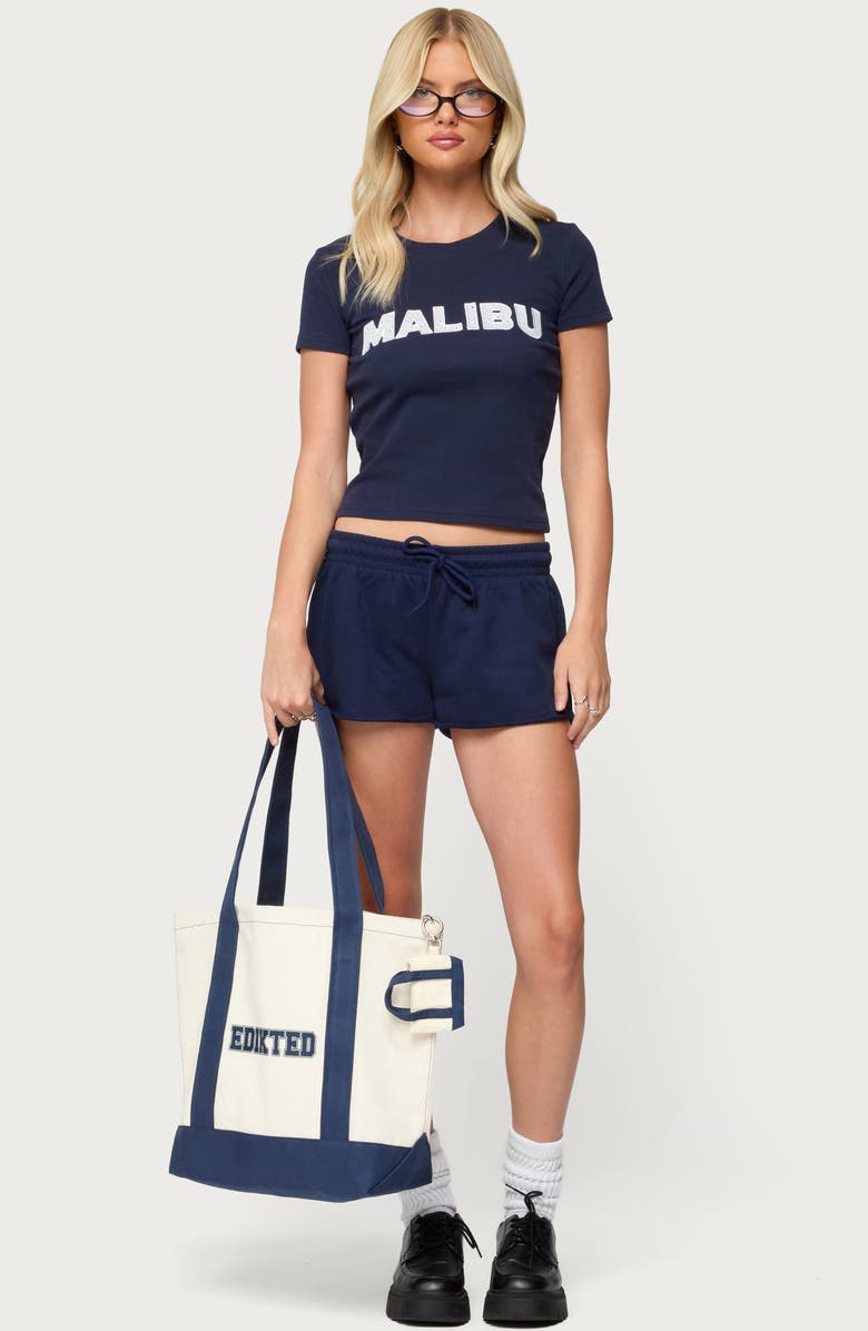 EDIKTED Malibu Raw Hem Low Rise French Terry Shorts, Alternate, color, Navy