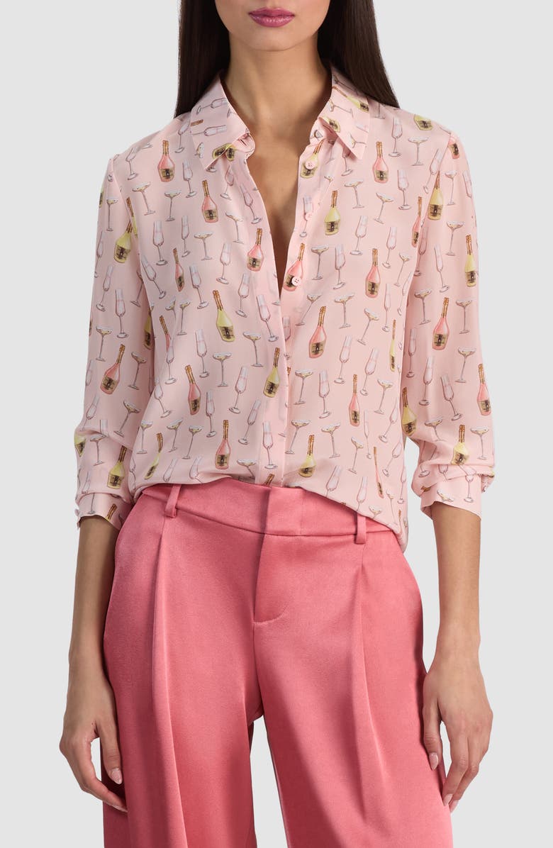 Alice + Olivia Willa Print Silk Button-Up Shirt, Main, color, Champagne Pop