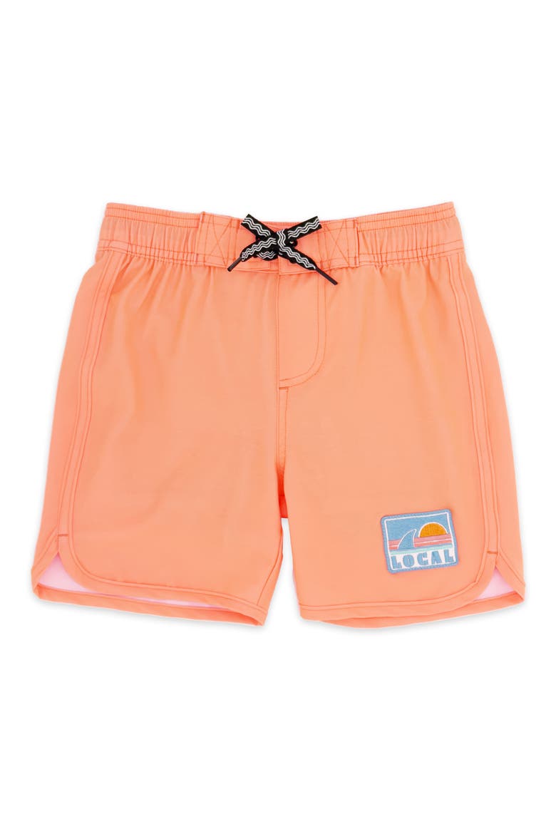 Kids' Solid Scallop Board Shorts, Main, color, ORANGE POP
