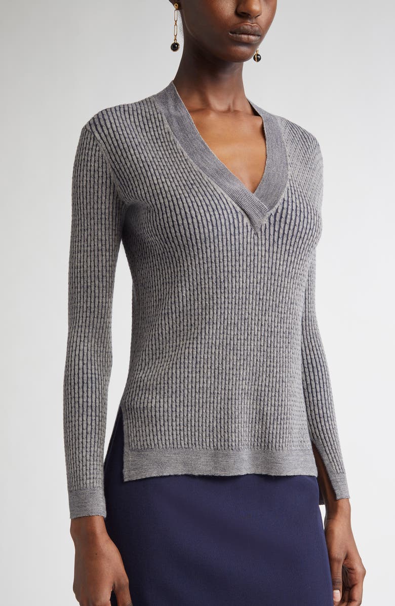 ST. JOHN Vanis Fine Gauge Cable Stitch V-Neck Sweater, Alternate, color, Taupe/ Navy