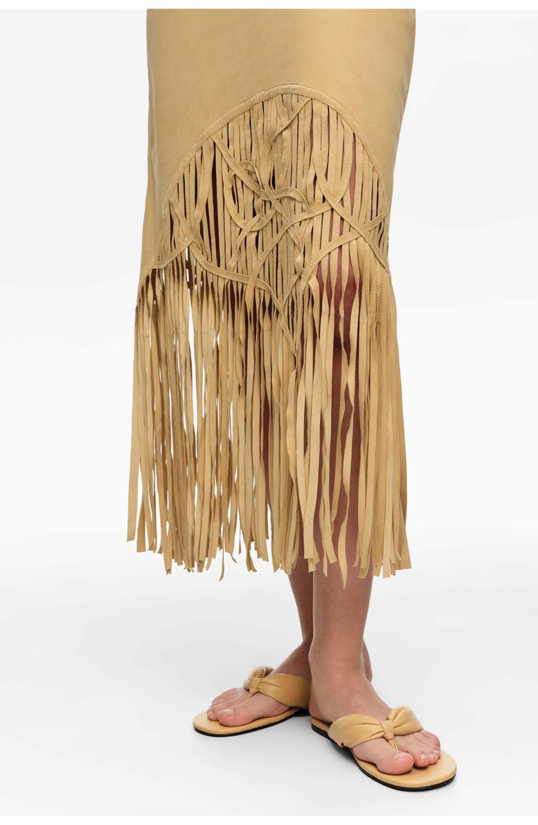Bimba y Lola Suede Midi Skirt With Irregular Fringes, Alternate, color, Mustard