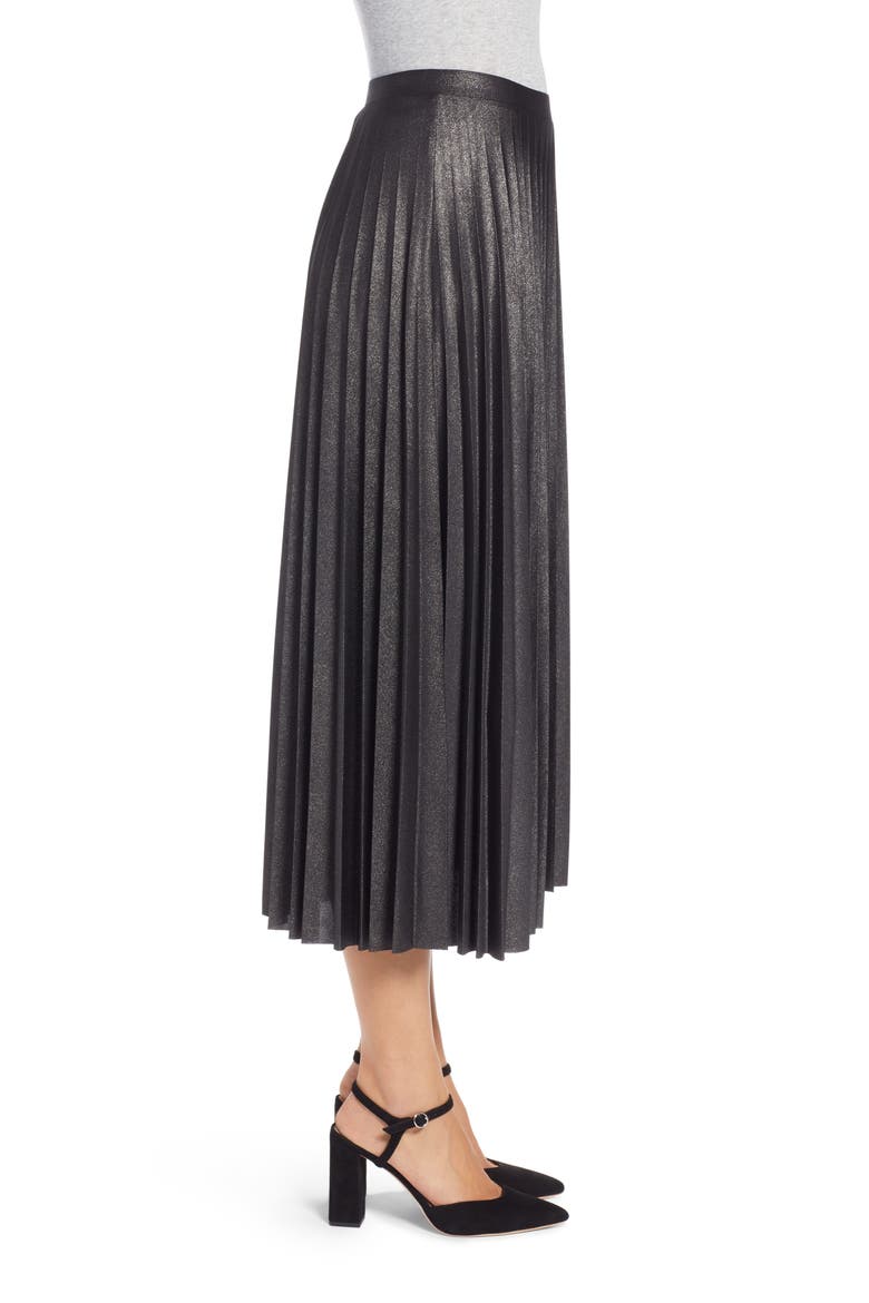 Metallic Pleat Midi Skirt, Alternate, color, BLACK FOIL