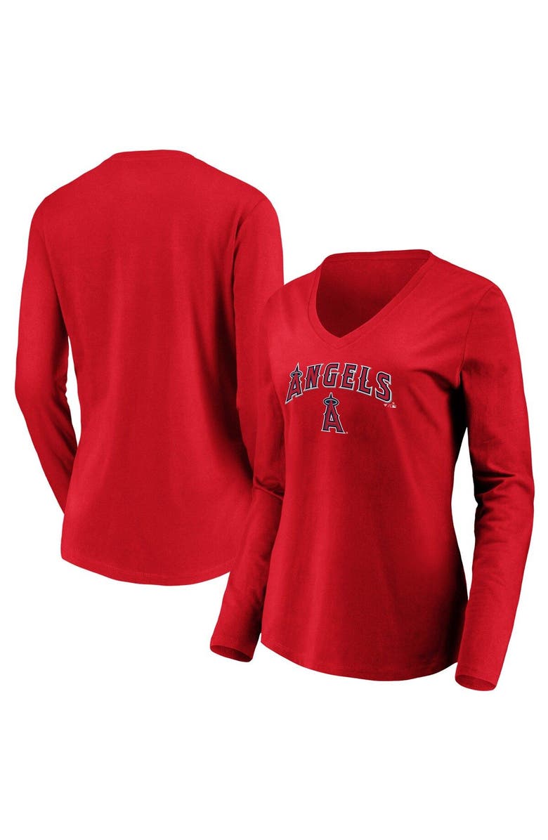 FANATICS Women's Fanatics Branded Red Los Angeles Angels Core Team Lockup Long Sleeve V-Neck T-Shirt, Main, color,