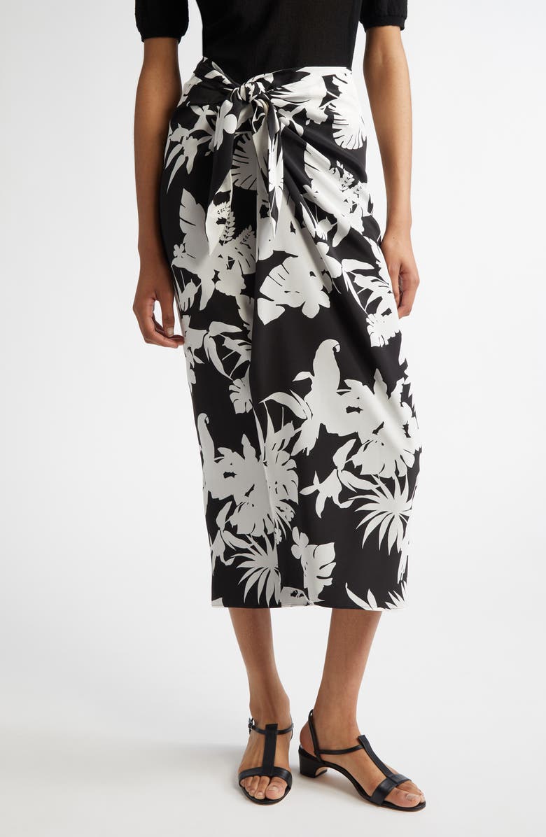 Max Mara Studio Lauto Tropical Print Silk Wrap Skirt, Main, color, Black