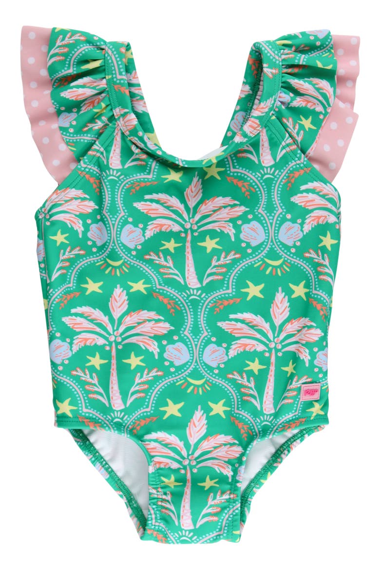 Kids' Coconut Cabana Bow V-Back UPF 50+ One-Piece Swimsuit, Main, color, GREEN
