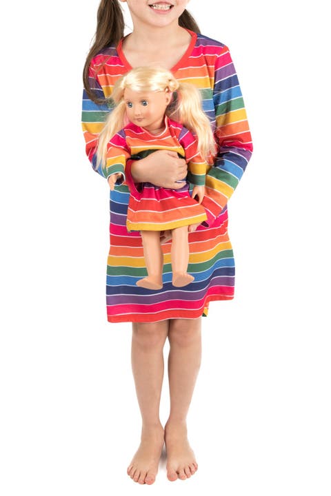 Girls Long Sleeve Nightgown with Matching Doll Nightgown, Printed Design