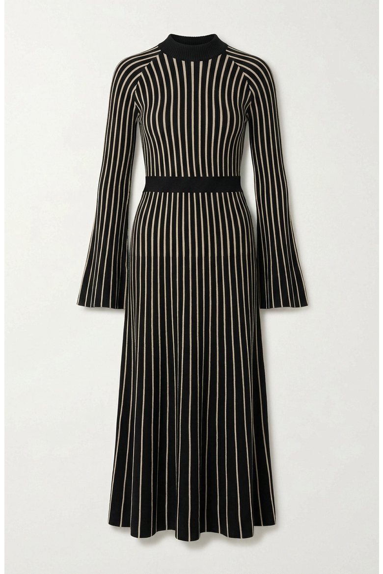 Striped Rib-Knit Long Sleeve Maxi Dress with Mock Neck, Alternate, color, Black / White Stripe